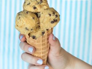 edible cookie dough in a waffle cone 